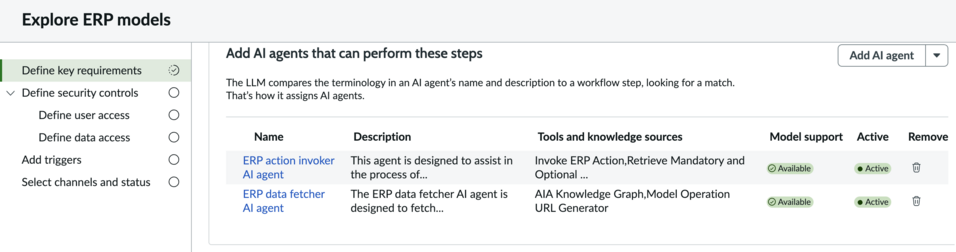 Explore ERP models page with information about the workflow and the AI agents in the workflow.