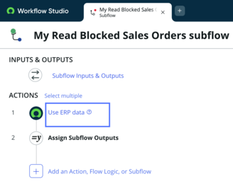 Subflow displayed in flow view with use erp data link highlighted.