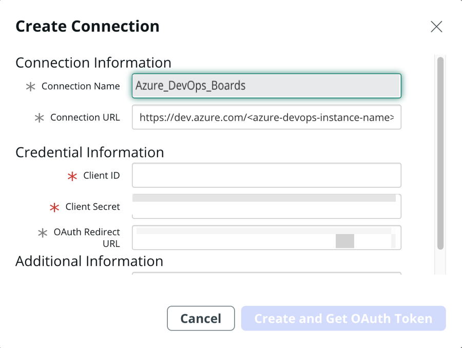 Create Connection form.