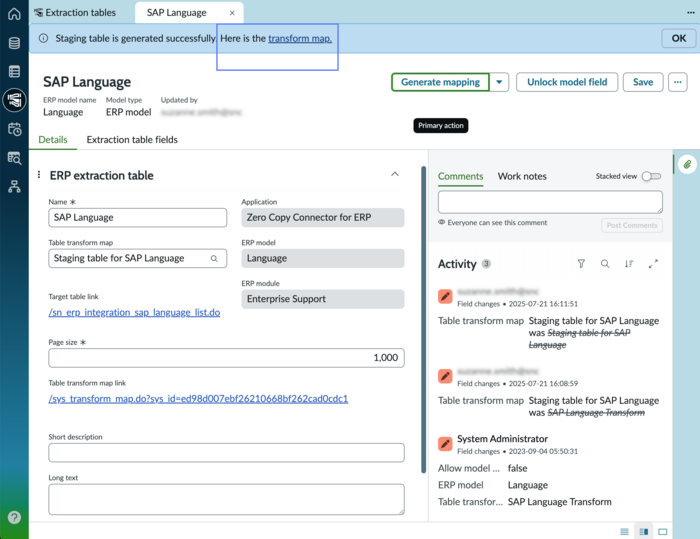 Extraction table record with transform map link highlighted.