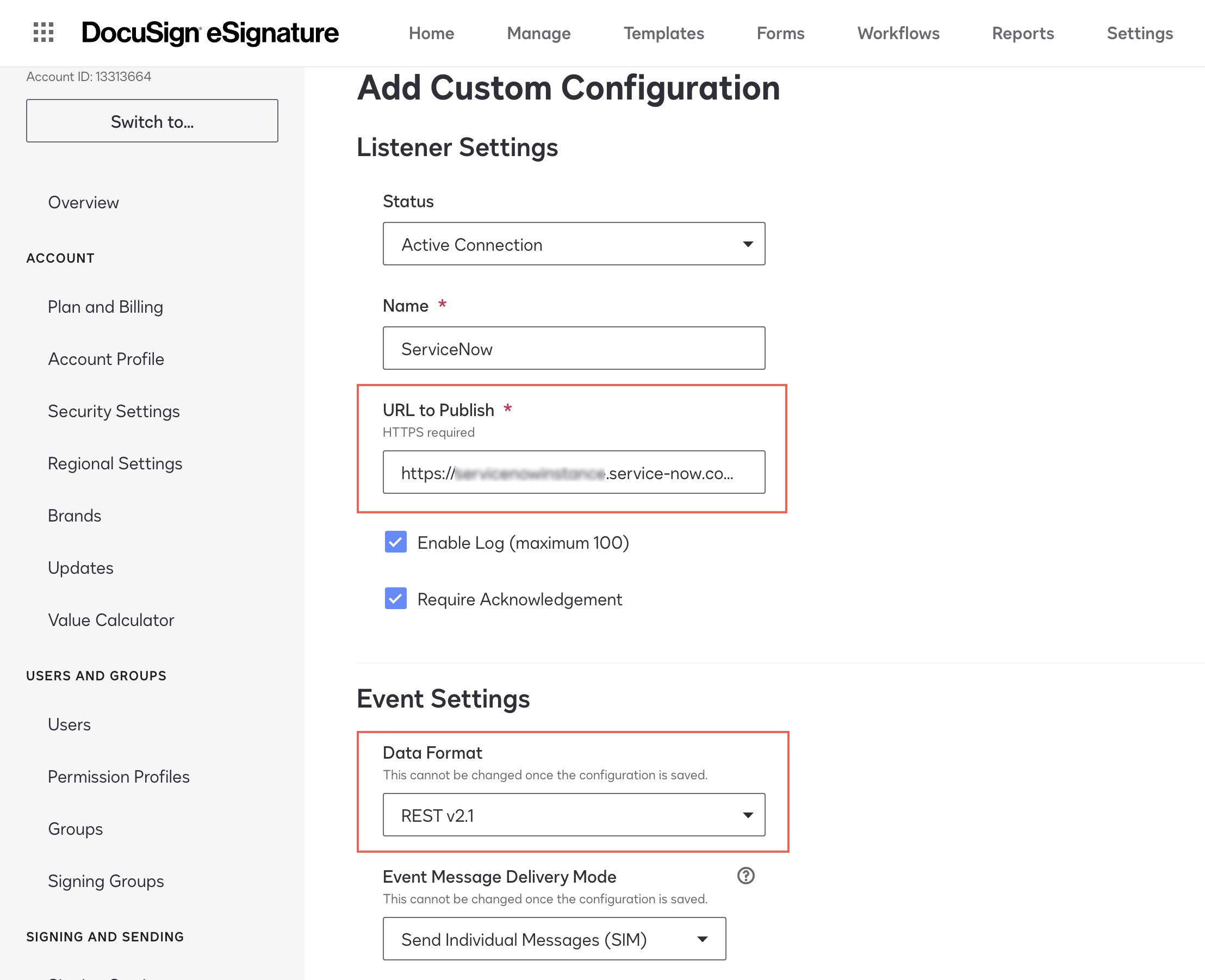 Select the Events settings and enter URL to publish.