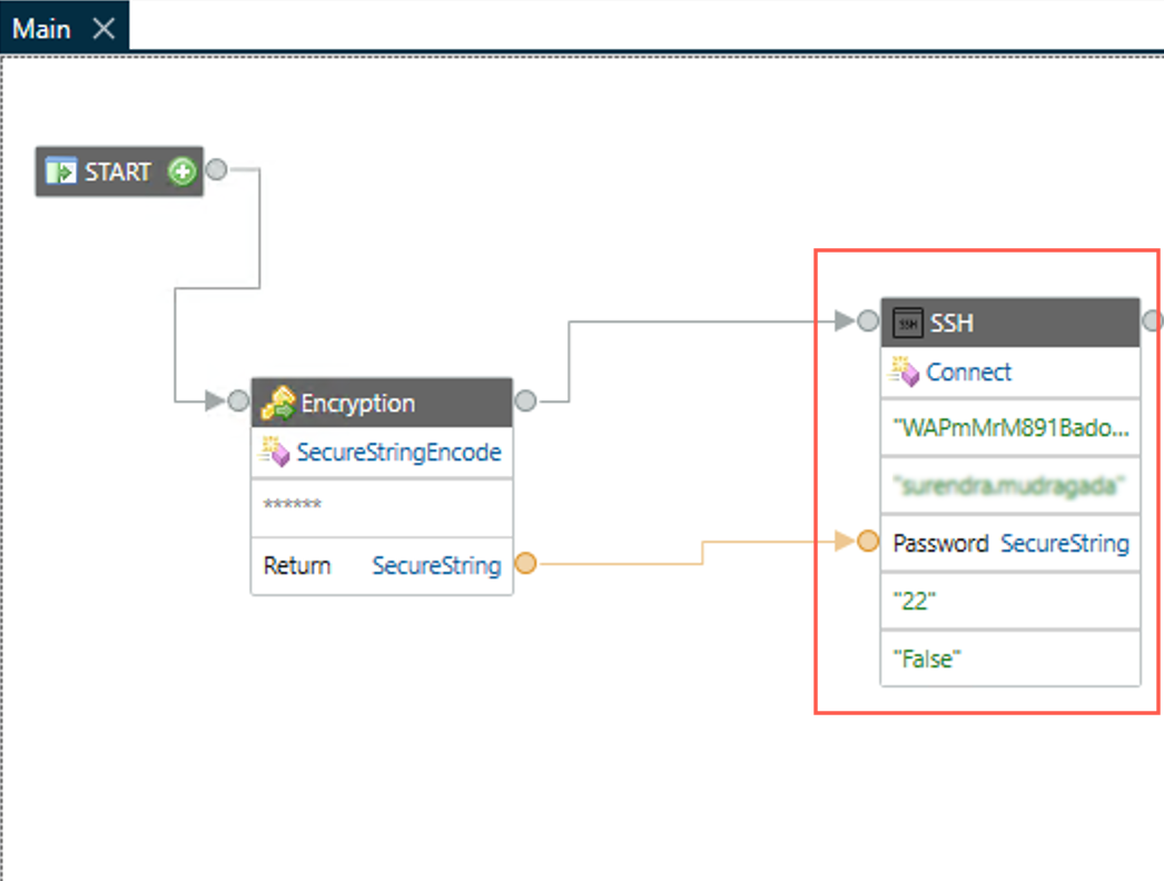 SecureStringEncode component is connected to the Connect method to pass the encoded password.
