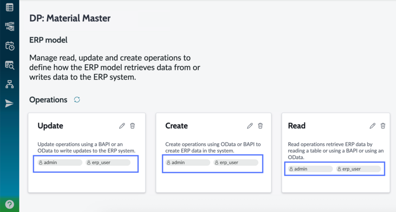 Manage model page with create, read, and update operations that have the admin and erp_user role assigned.