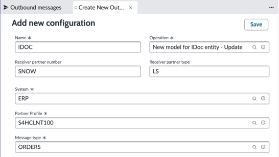 New outbound message configuration record with fields completed.