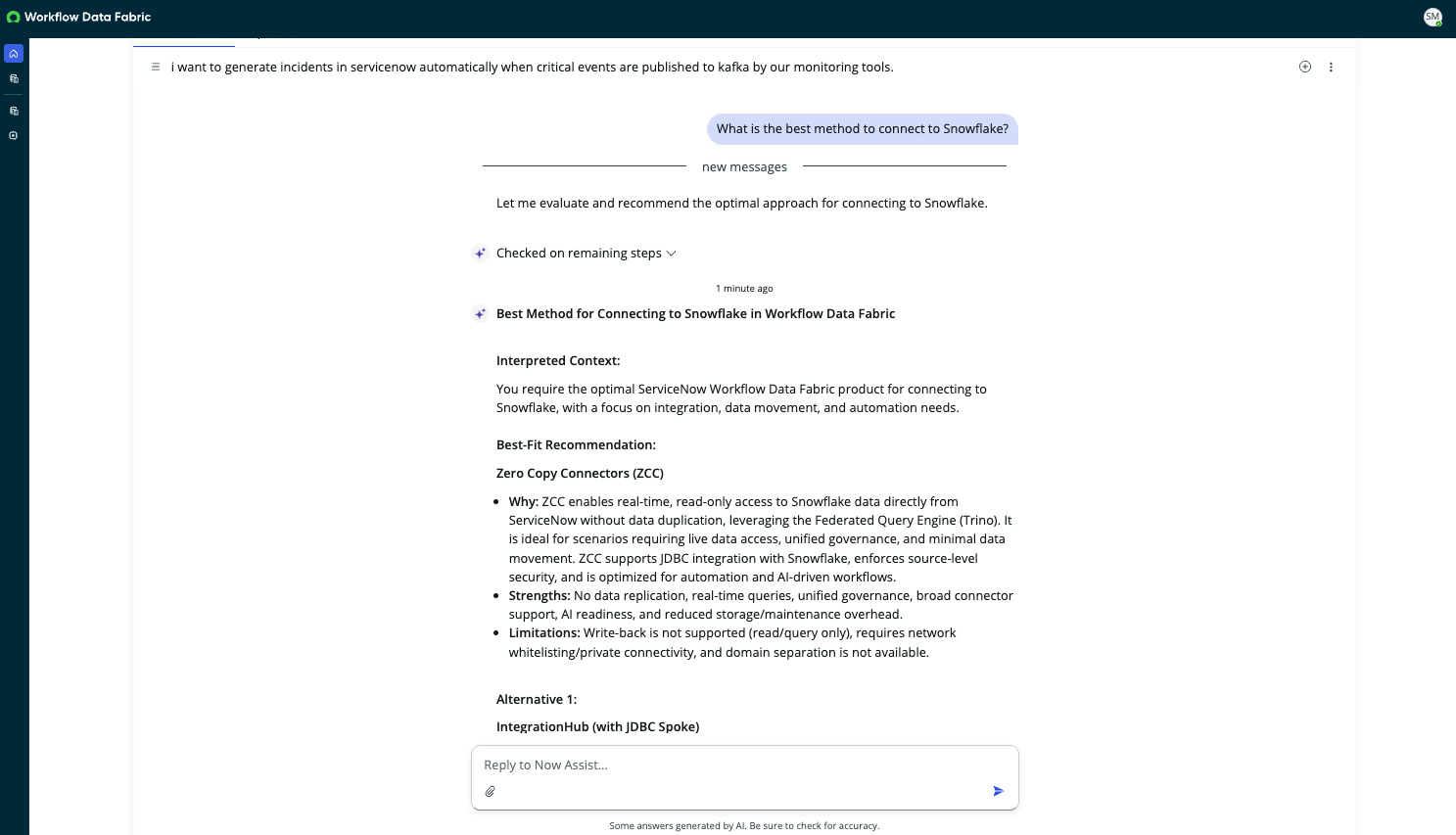 Screenshot showing query and Now Assist response.