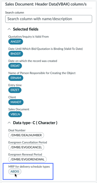Field list with data type-C section expanded and ABDIS field selected.