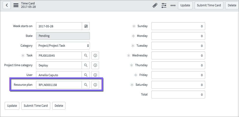 Screenshot for a time card configured with Resource Plan