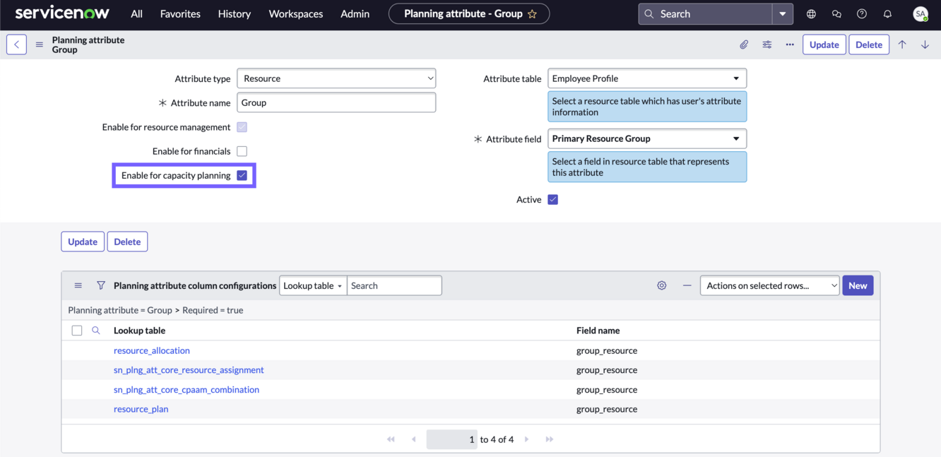 Group planning attribute enabled for Capacity.