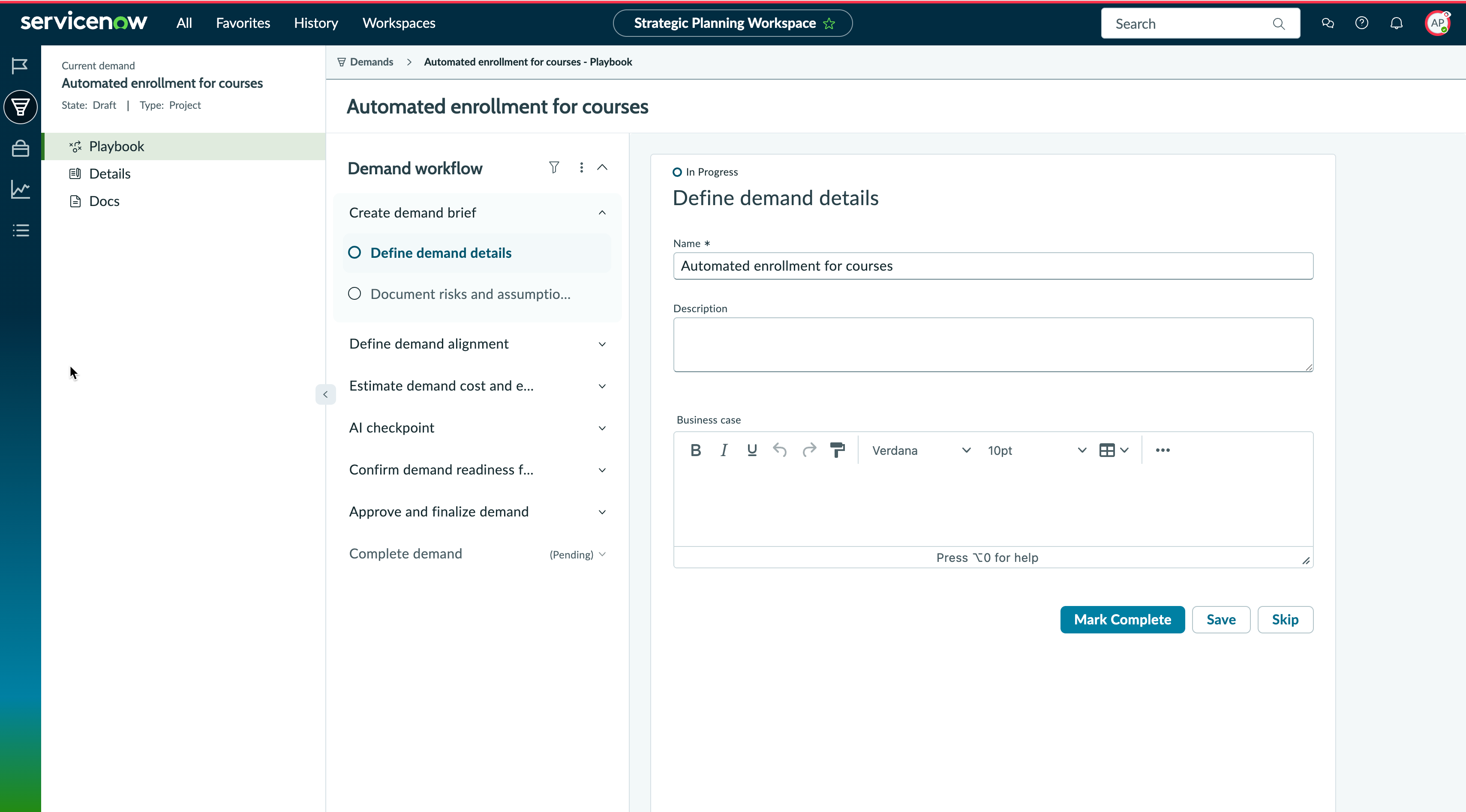 Demand opens in the Playbook page with the first stage and activity expanded.