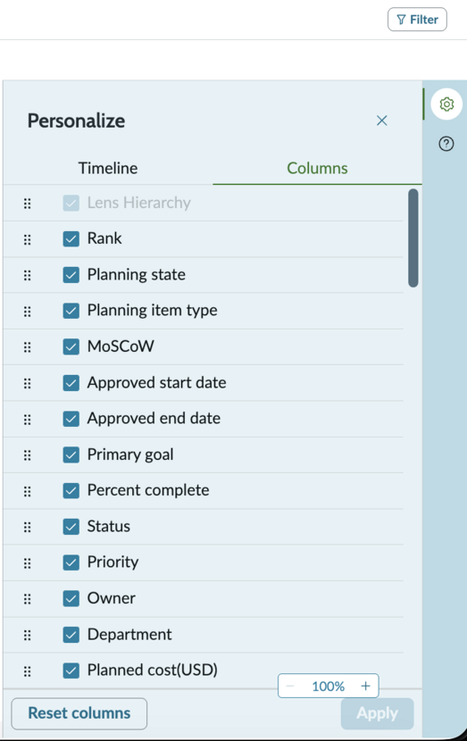 Personalize side panel of Strategic Planning Hierarchy tab showing the column choices.