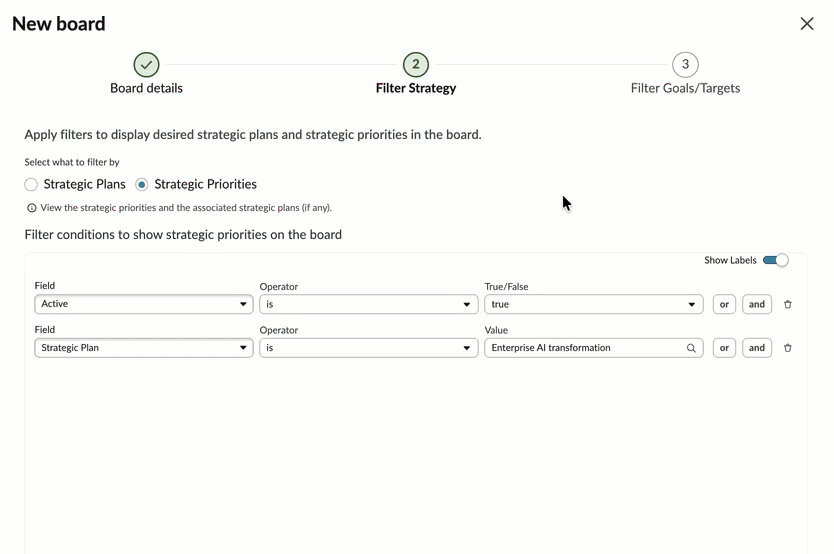 Apply filters on the Strategy step for Strategic priorities.