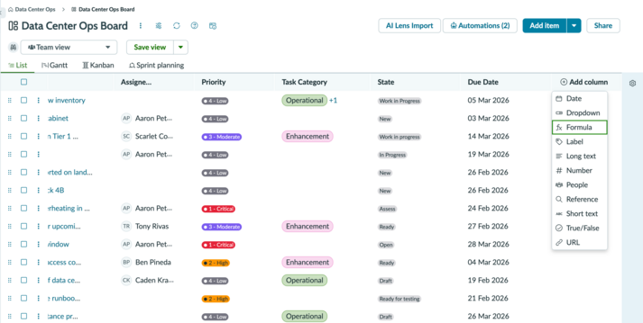 Add column menu in the List view of a CWM Board, with the Formula option selected.