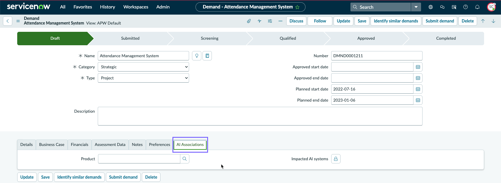 AI Associations tab in a demand form.