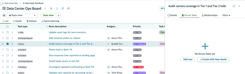 The Scrum tasks tab on a story form showing the option to add a scrum task from the side panel.