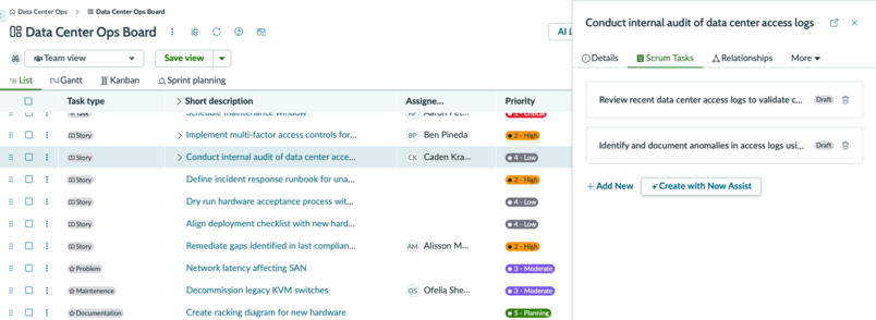 Scrum tasks generated by Now Assist added to a story in CWM.