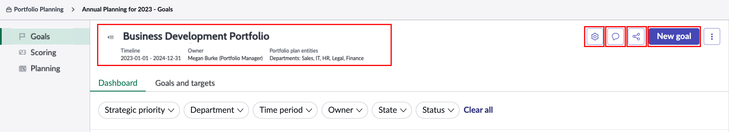 Header section in the Goals module.