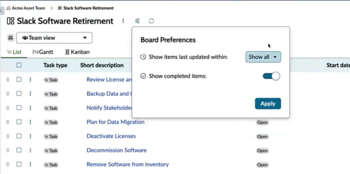 Board preferences toggle to show or hide completed work items on the CWM Board.
