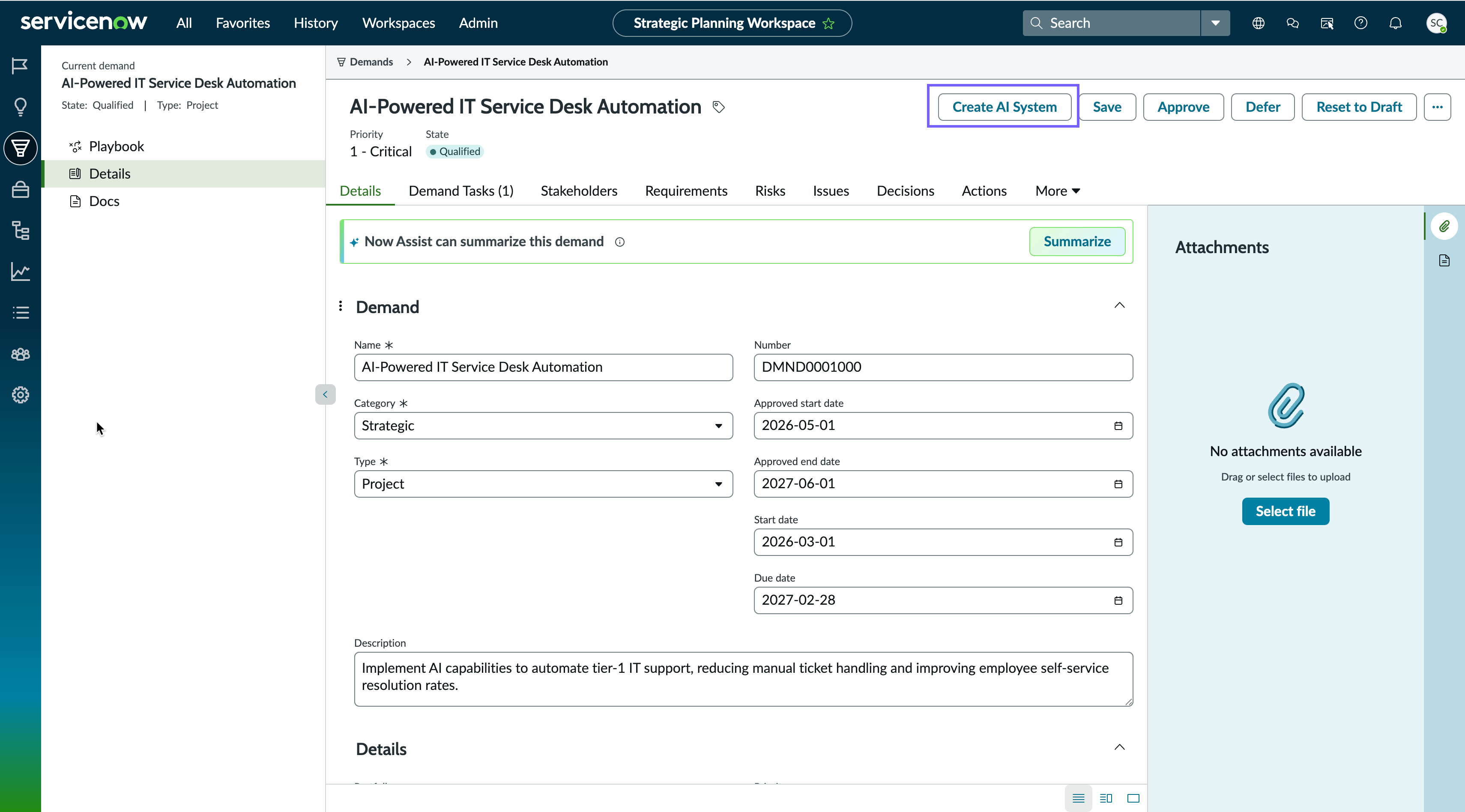 Create AI System option is available on the Details page.
