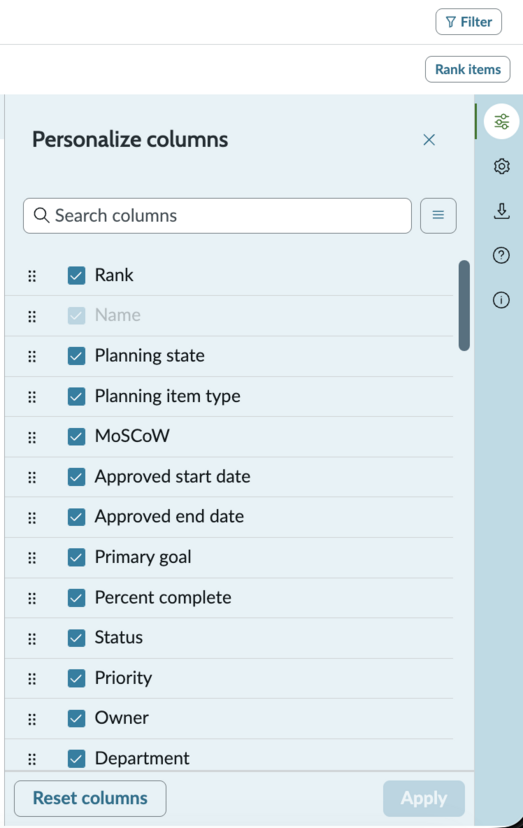 Personalize side panel of Strategic Planning in the Prioritization tab showing the column choices.