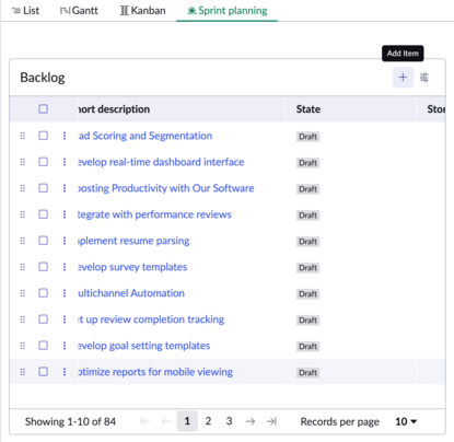 Add item option in Sprint planning Backlog in the CWM workspace.