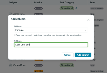 Formula column name field with "Days until due" entered as the column name.