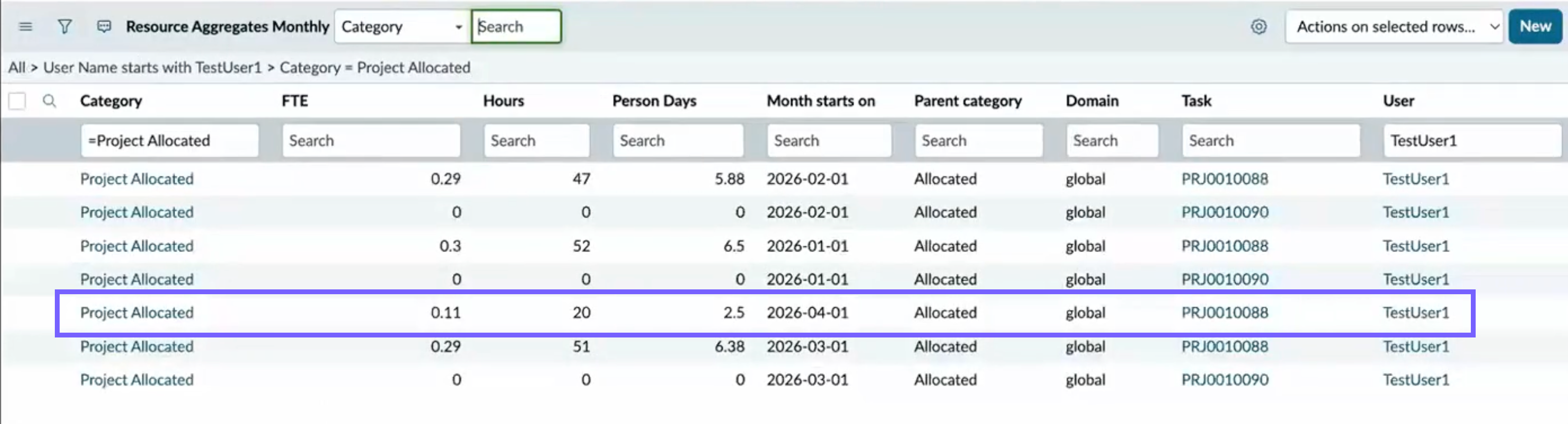 Monthly allocations view of resource assignment with requested efforts.