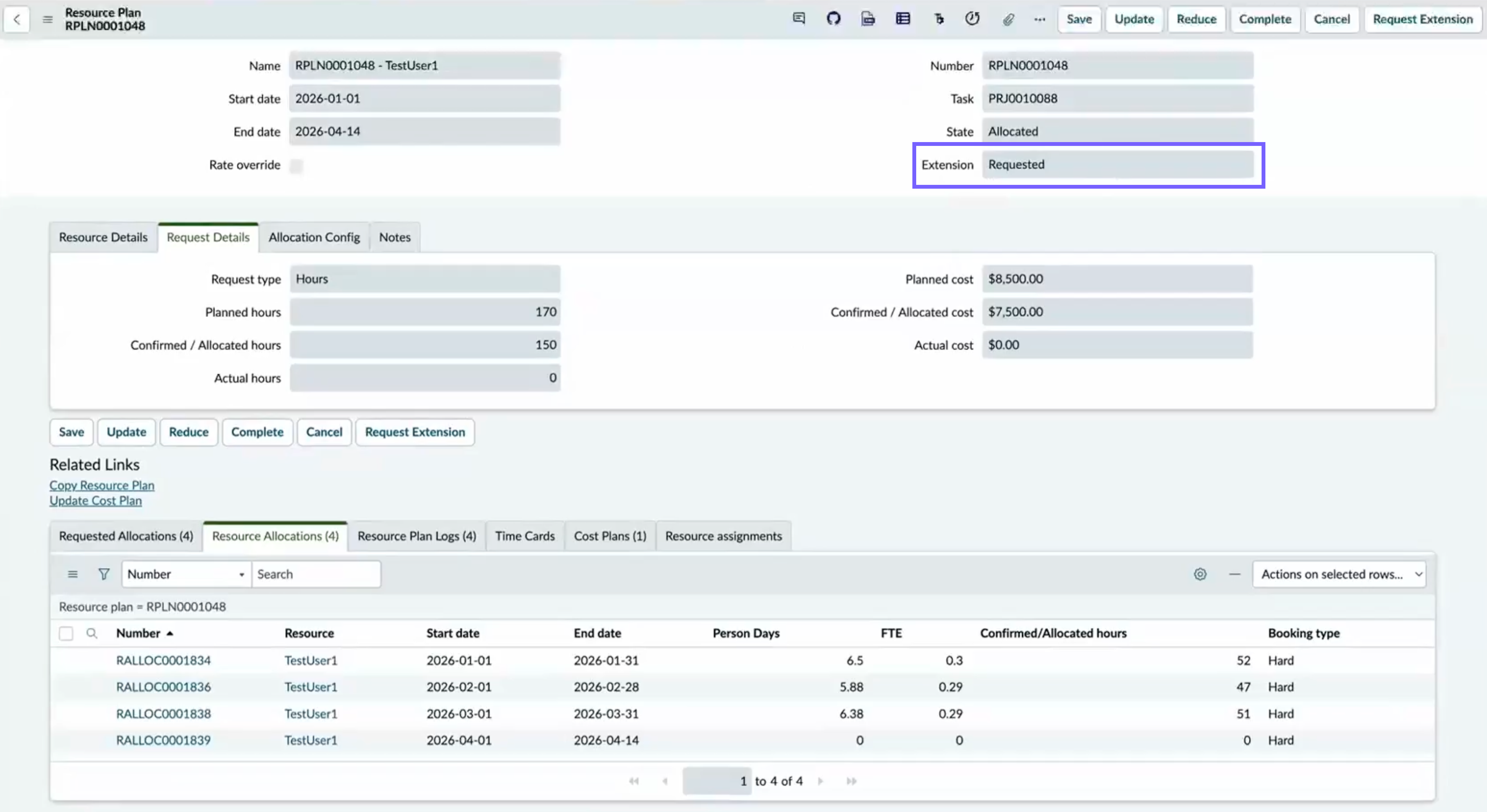 Classic ServiceNow view of a resource plan in Requested state.