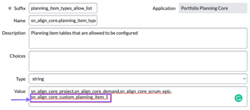Enable custom item types in Strategic Planning.