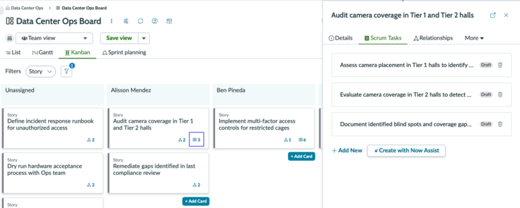 A Kanban board showing a story card with the scrum task indicator, and the right side panel open with the associated scrum tasks listed.