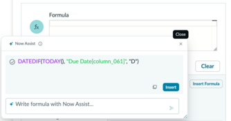 The Define Formula side panel showing the Now Assist-generated formula syntax with the Insert button available.