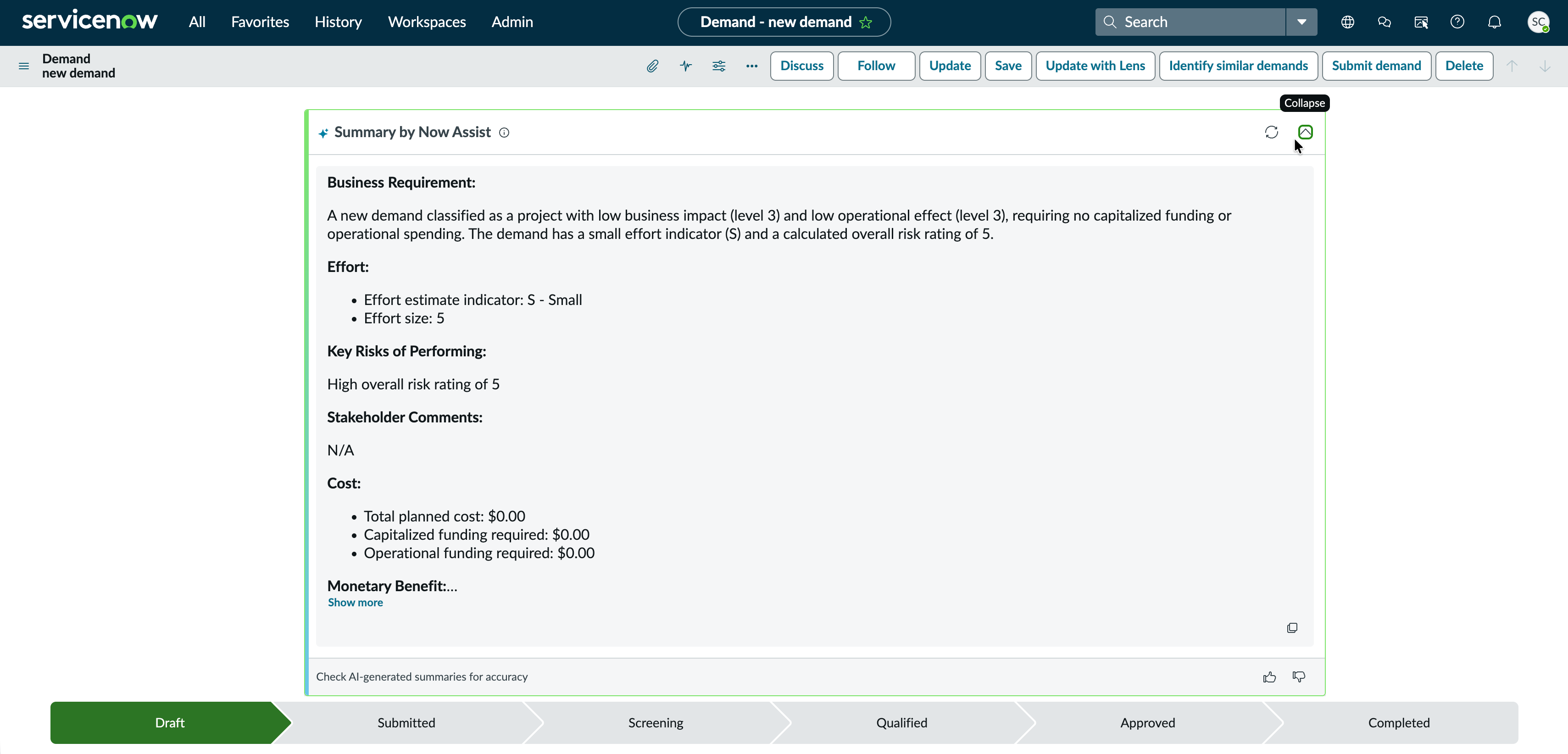 Demand summary generated by Now Assist.