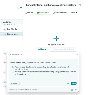 Now Assist scrum task recommendations displayed on the Scrum tasks tab of a story form in CWM.