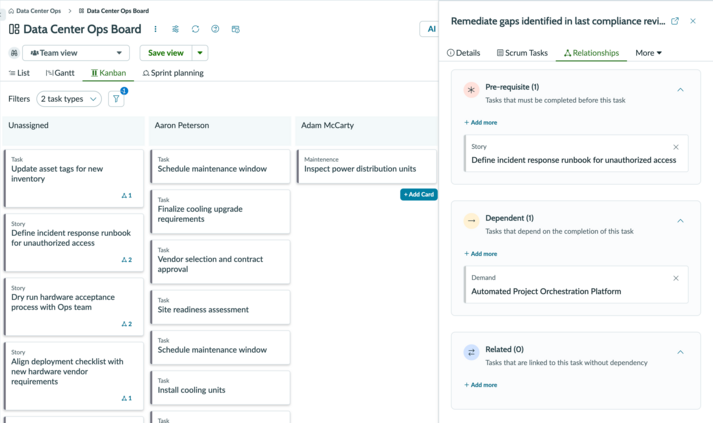 A Kanban board showing a work item card with the relationships indicator, and the right side panel open listing the related work items and their relationship types.