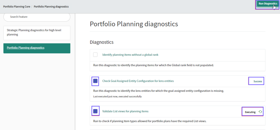 Portfolio Planning diagnostics.