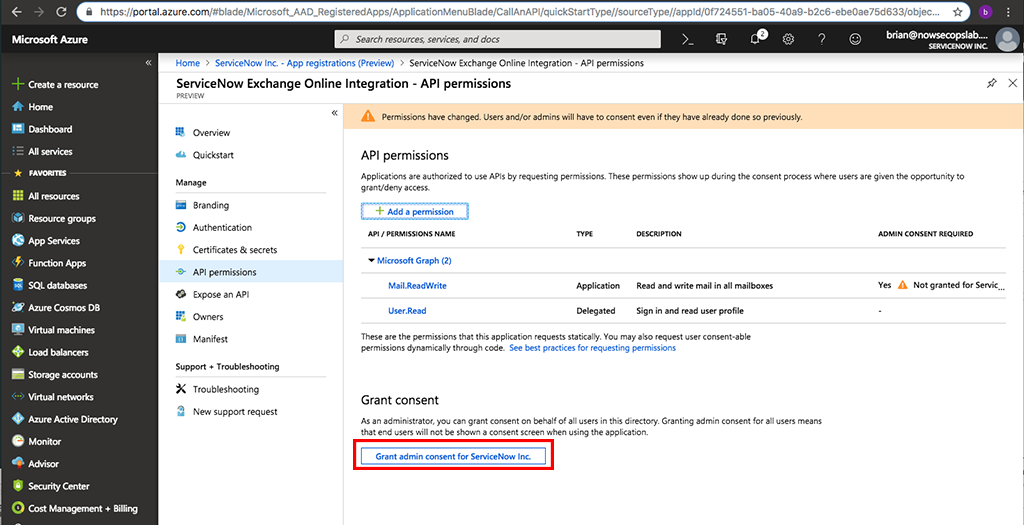 Microsoft Azure 포털의 ServiceNow Exchange Online 통합 - API 권한 창에 강조 표시된 ServiceNow Inc.에 대한 관리자 동의를 부여합니다.