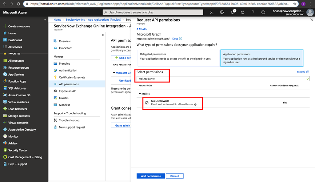 Microsoft Azure Portal의 API 권한 요청 창에서 강조 표시된 권한 및 Mail.ReadWrite를 선택합니다.