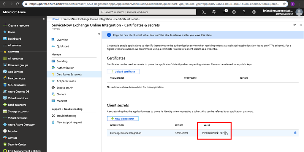 Microsoft Azure 포털에서 강조 표시된 비밀 값입니다.
