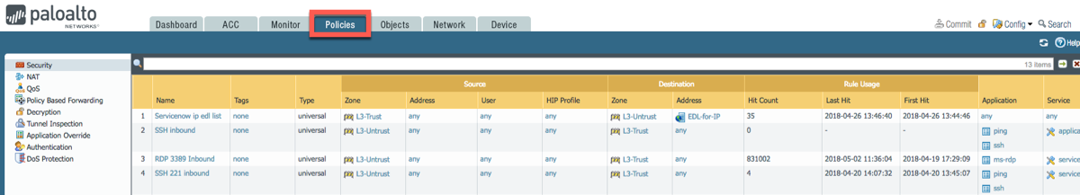 Palo Alto Networks의 정책으로 이동하는 작업입니다.