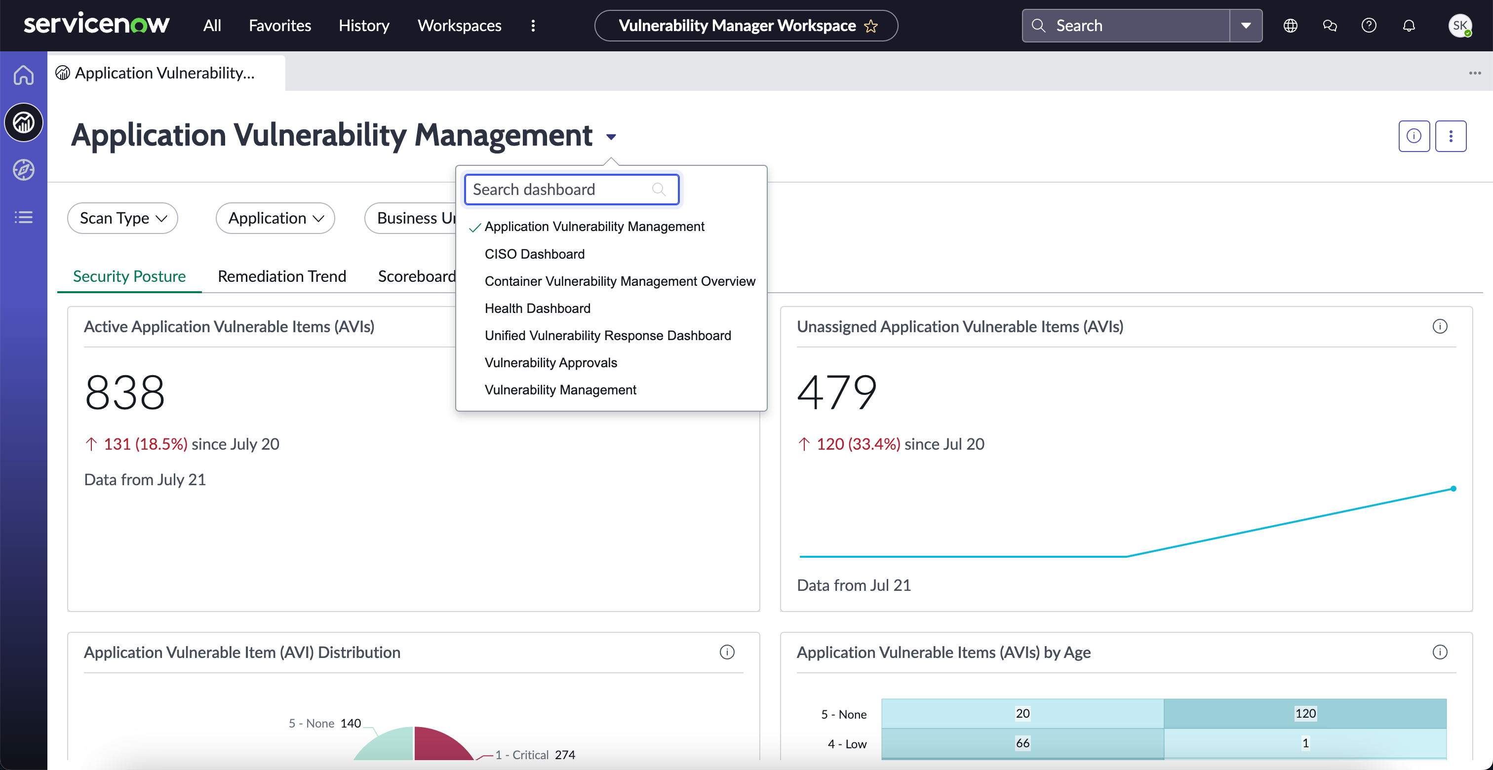 Vulnerability Manager 작업 공간의 버전 19.0 대시보드