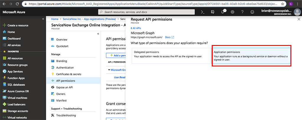 Microsoft Azure 포털의 API 권한 요청 창에 강조 표시된 애플리케이션 권한입니다.