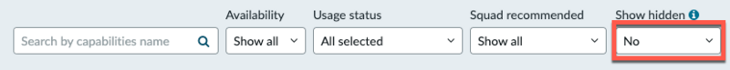 Zeigt die Dropdown-Liste Ausgeblendete anzeigen an, die auf Nein festgelegt ist, um ausgeblendete Fähigkeiten nicht anzuzeigen.