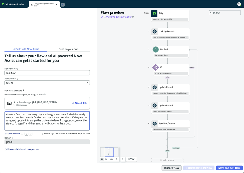 Example flow preview in diagramming view. Each node shows an annotation of the text directions used