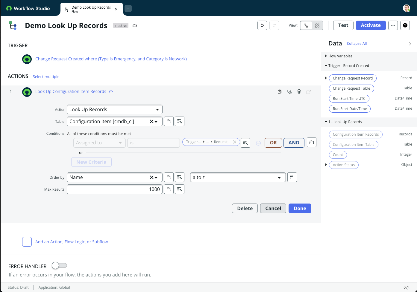 Configuration of Look Up Records action