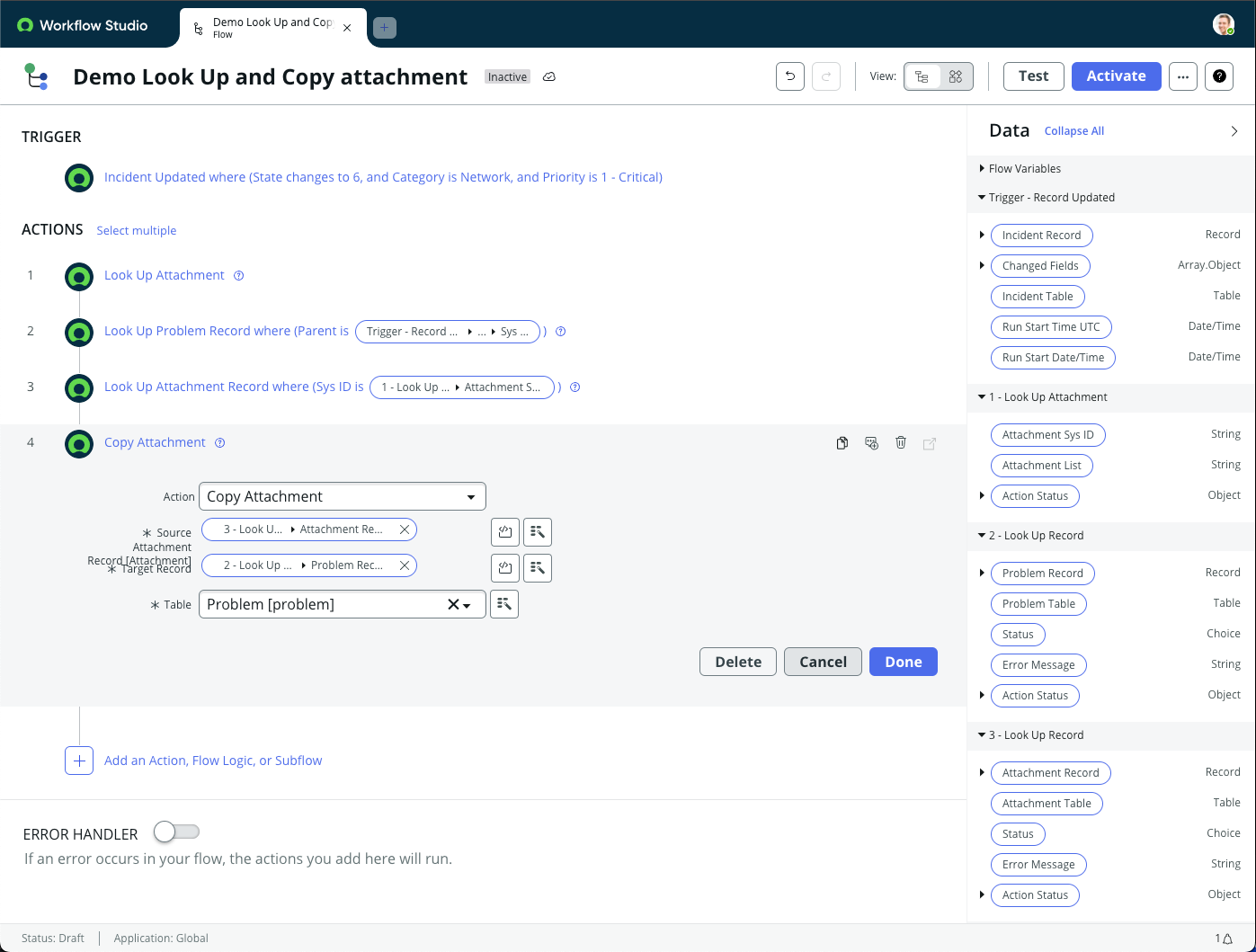 Configuration of the Copy Attachment action using the outputs of two Look Up Record actions.