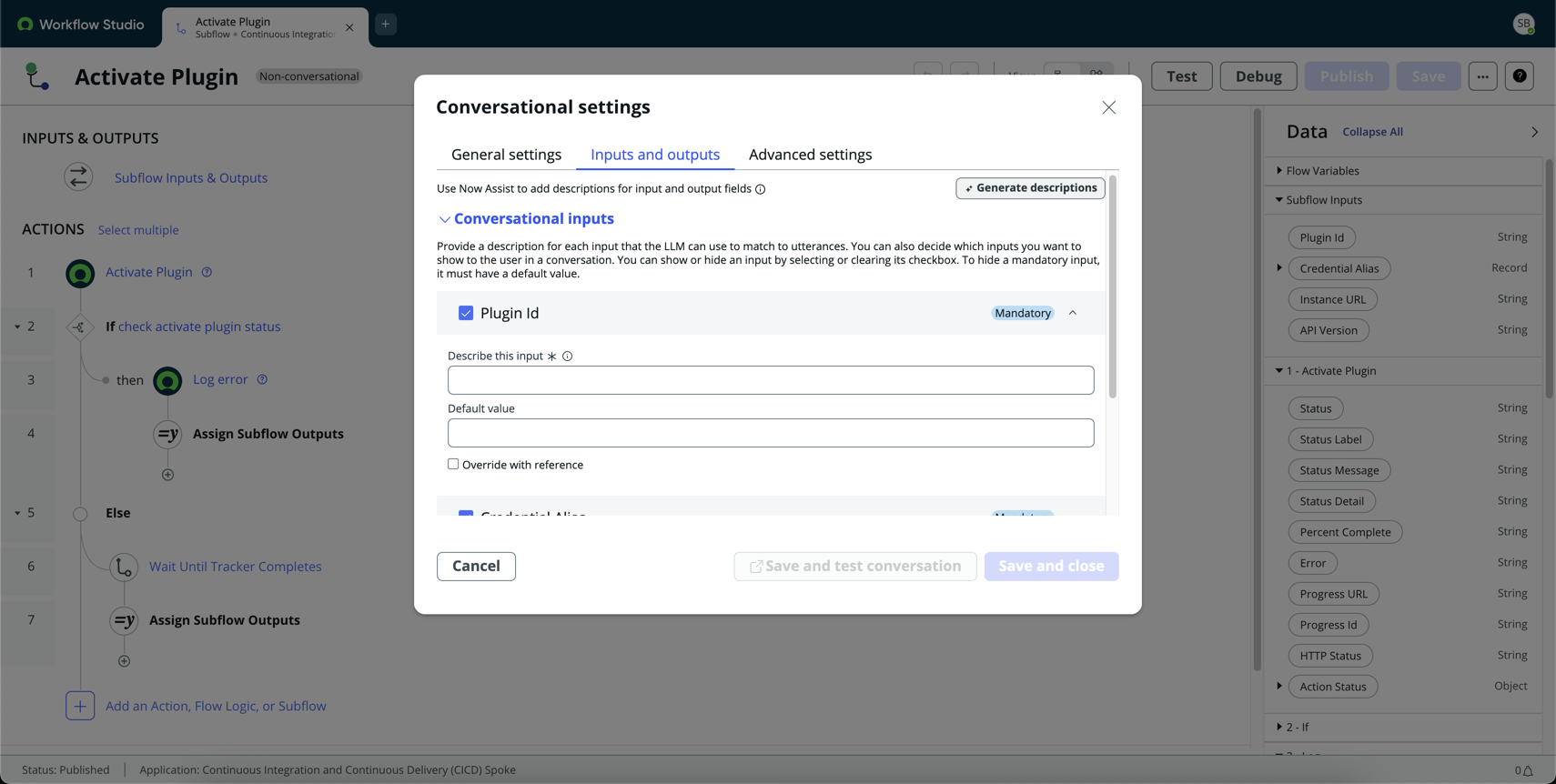 Example inputs and outputs of the Send SMS subflow.