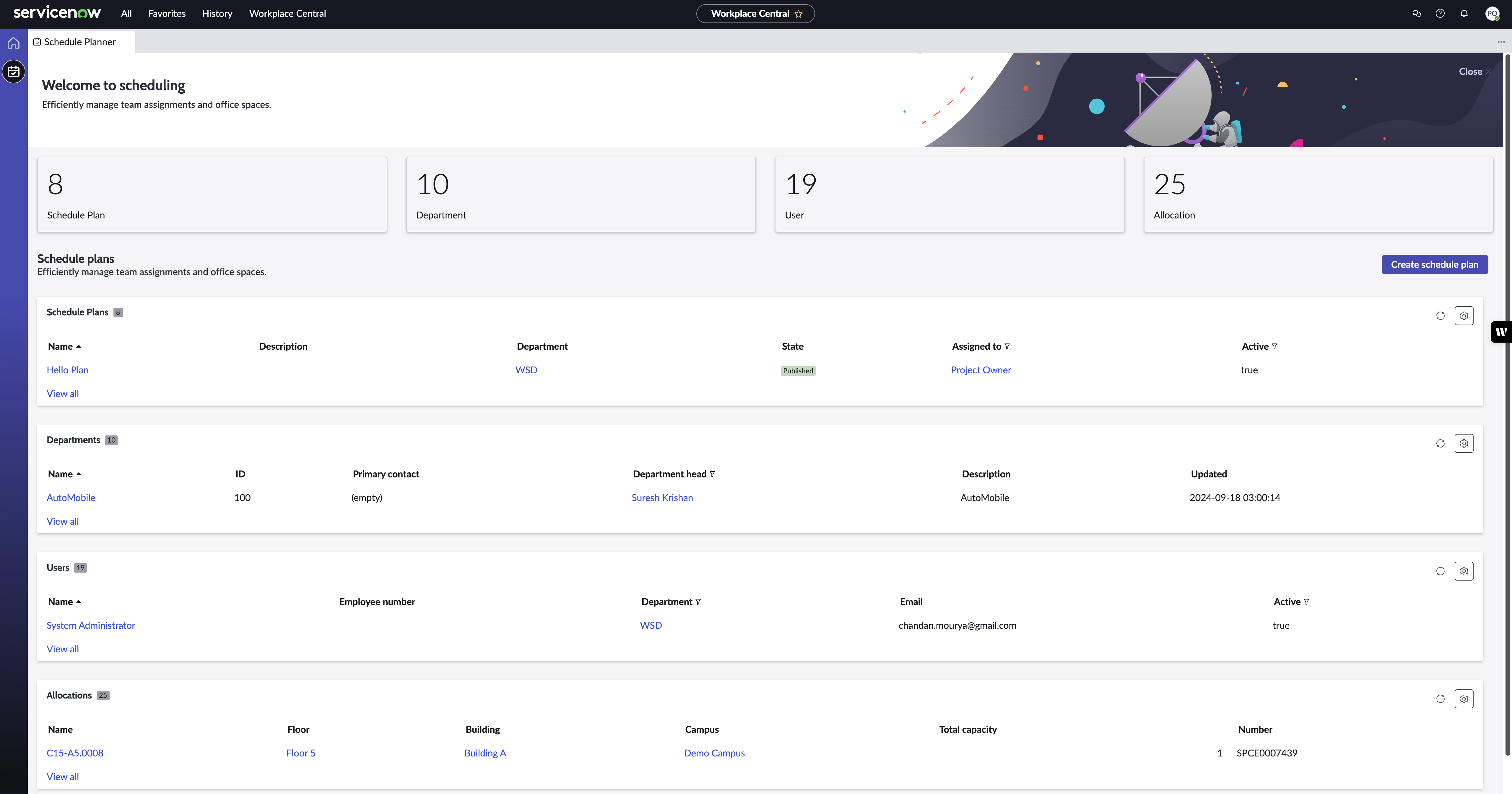 Painel do Planejador de programação com informações sobre planos de programação, departamentos, usuários e alocações.