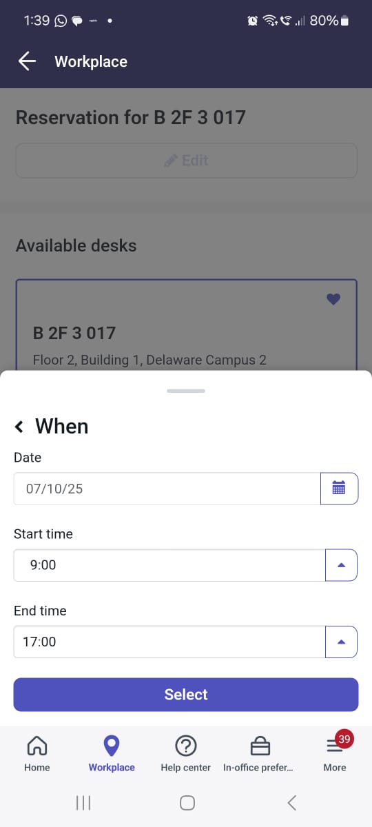 Atualize a data da reserva, a hora de início e a hora de término.