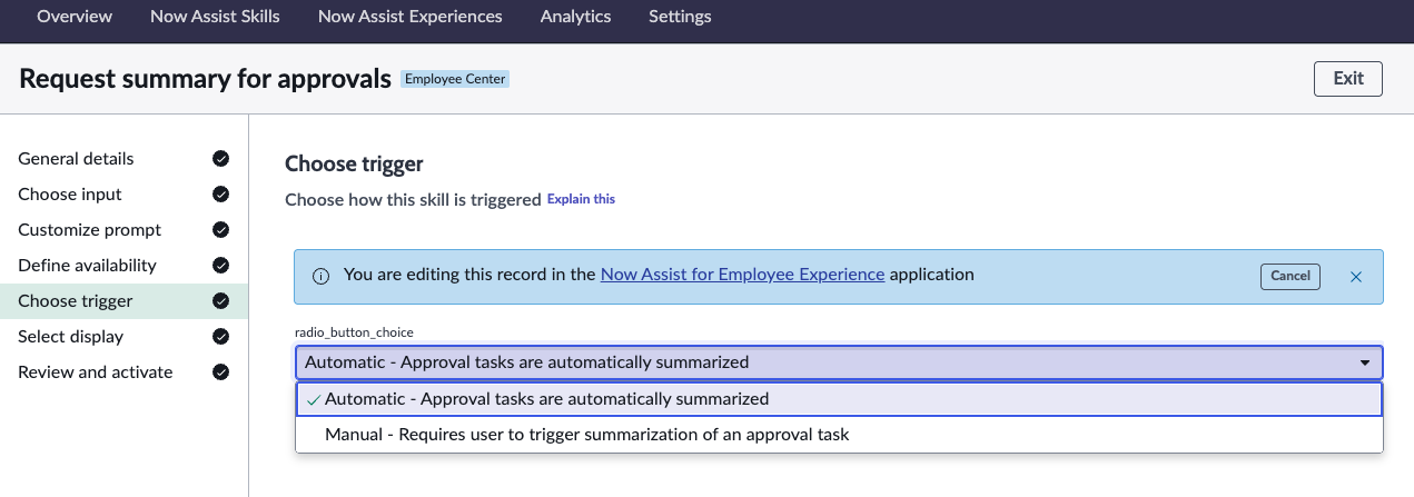 Gatilhos selecionados para Now Assist recomendação de bate-papo.