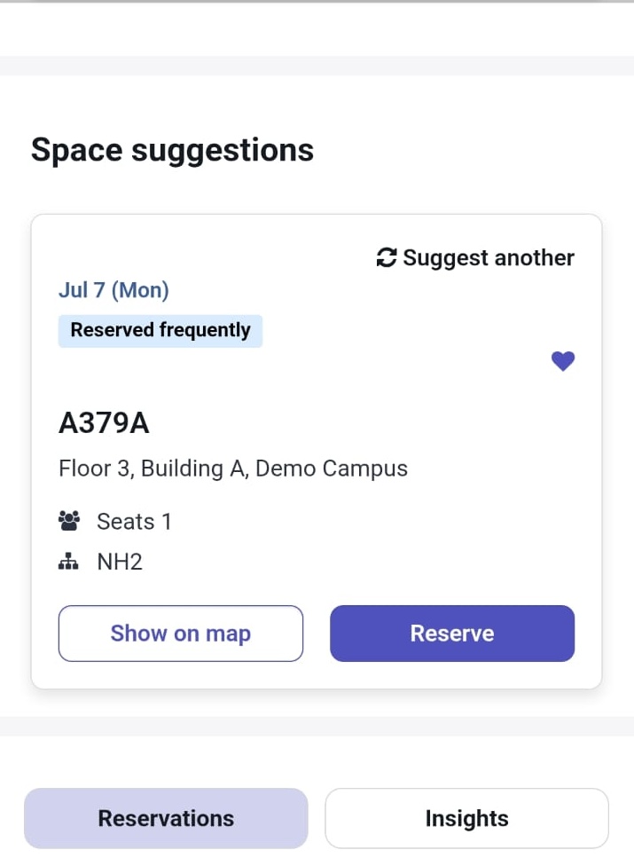 Cartão de espaço mostrando Mostrar no mapa para encontrar seu espaço no mapa.