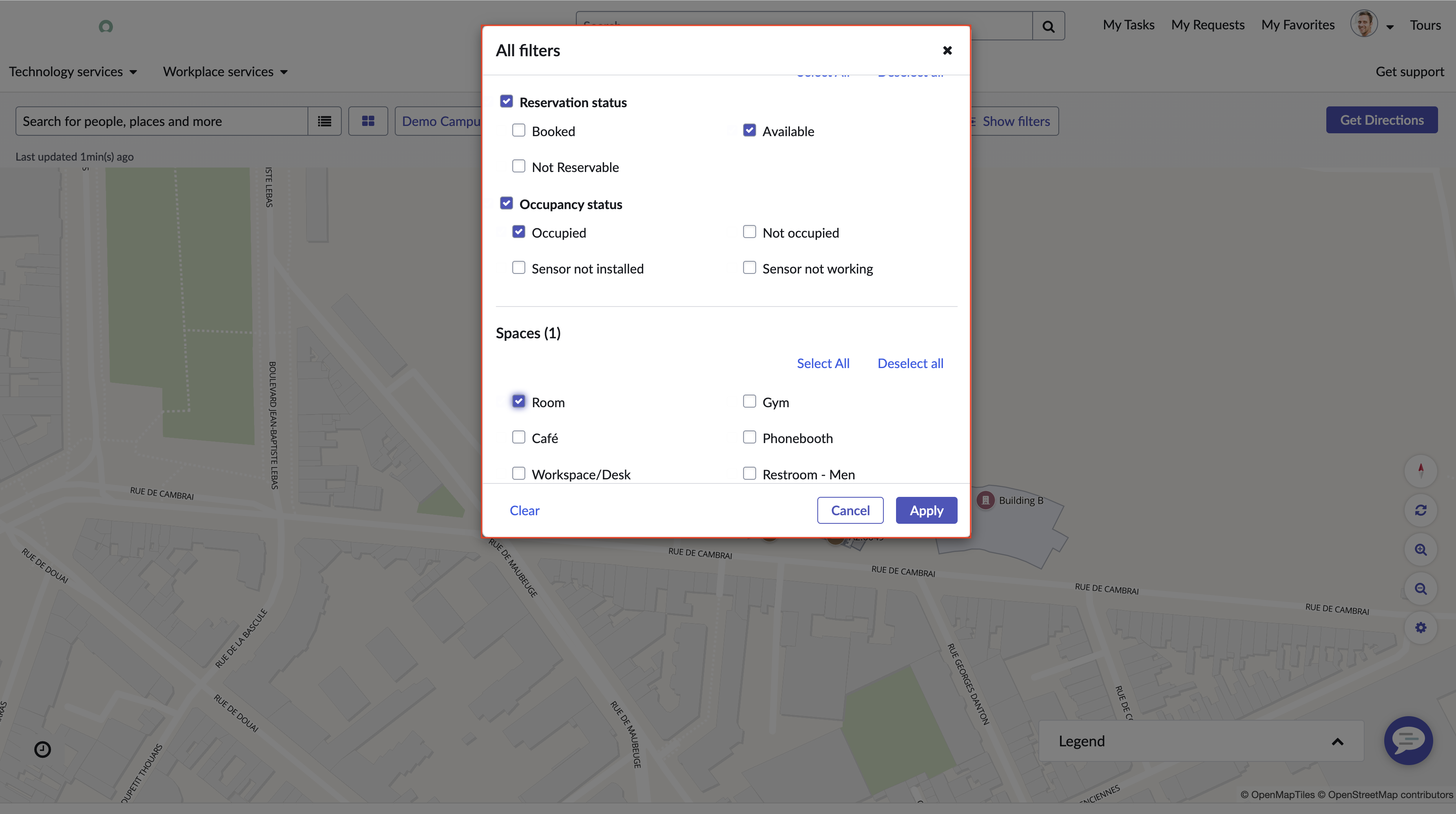 Painel Todos os filtros mostrando filtros de disponibilidade de espaço com base no status da reserva, status de ocupação e tipos de espaço de espaços.
